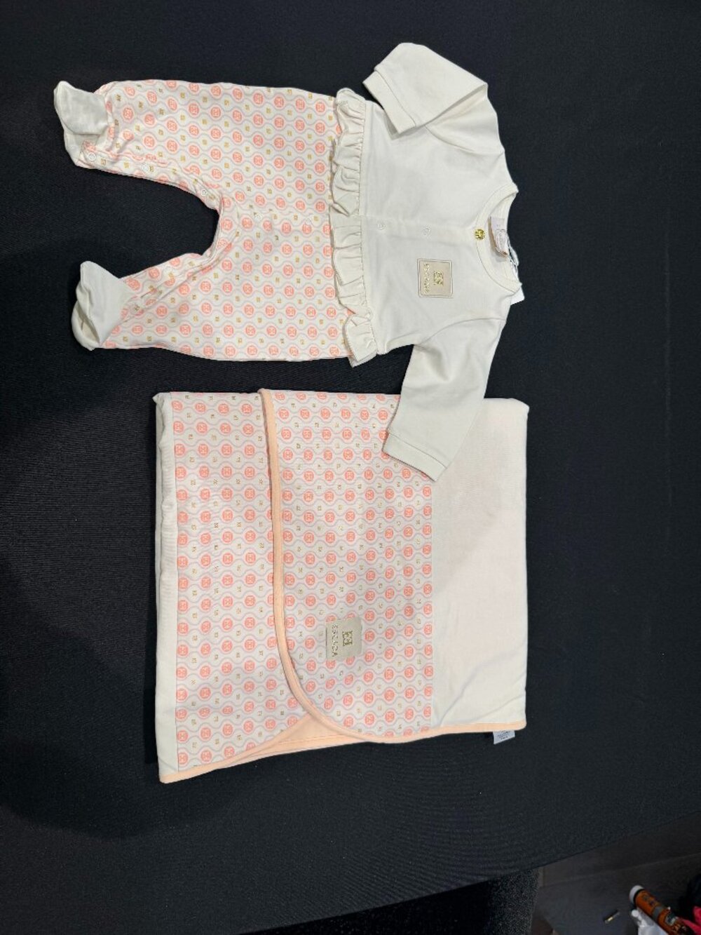 Escada Girls White & Gold Logo Baby Blanket & ruffle-detail romper set brand new